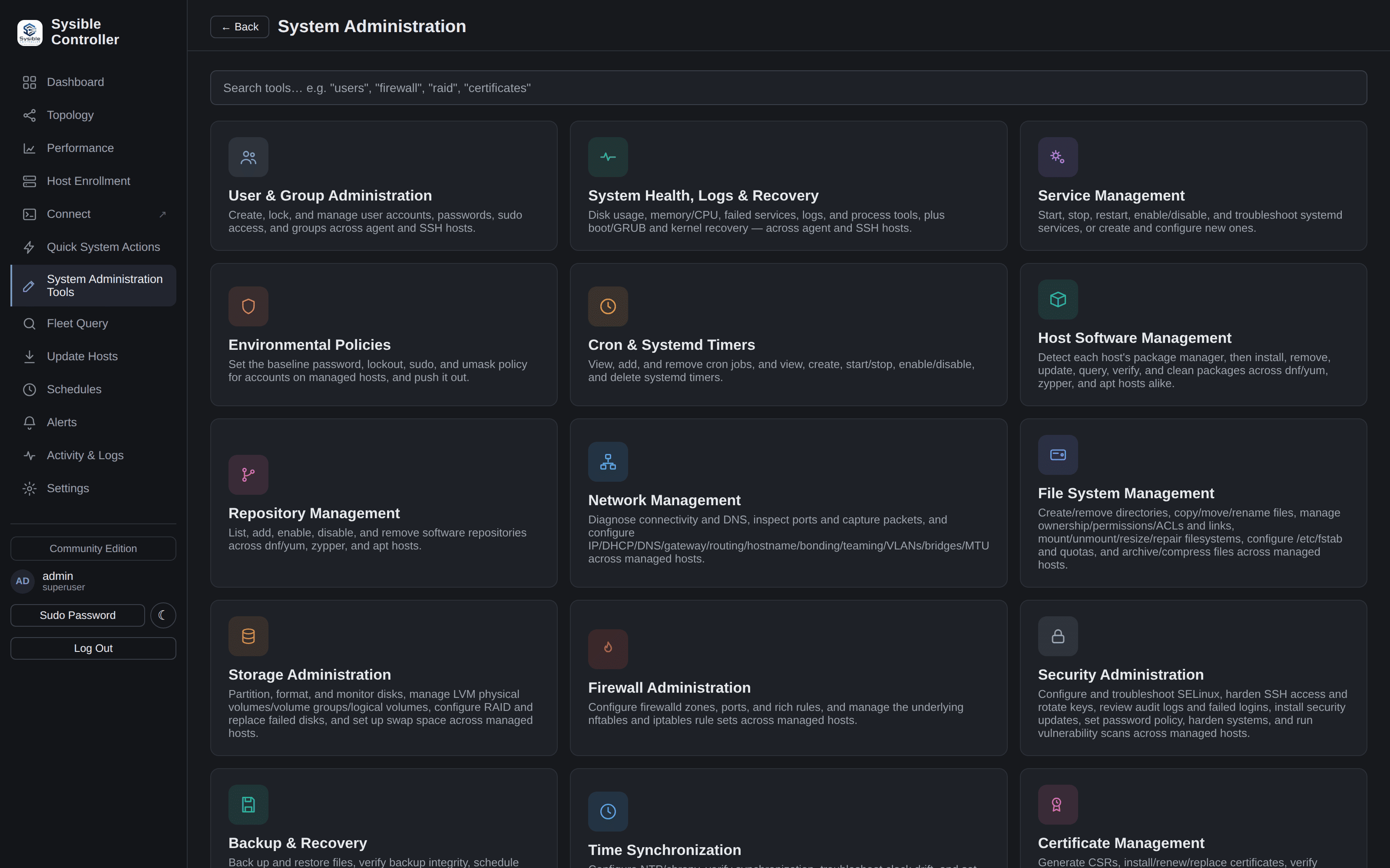 The System Administration panel: eighteen fleet-wide tools, one click each