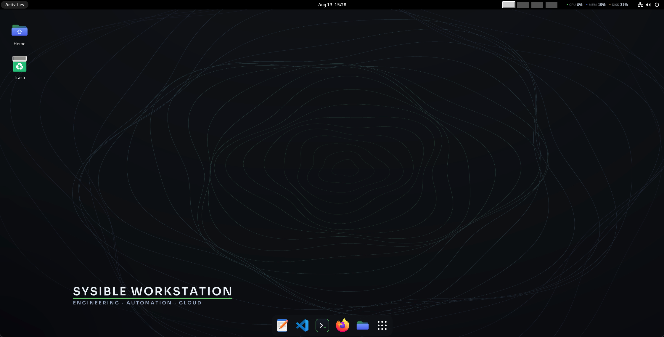 The Sysible Workstation desktop — GNOME with a dark topographic wallpaper, a top-bar system monitor and a bottom dock