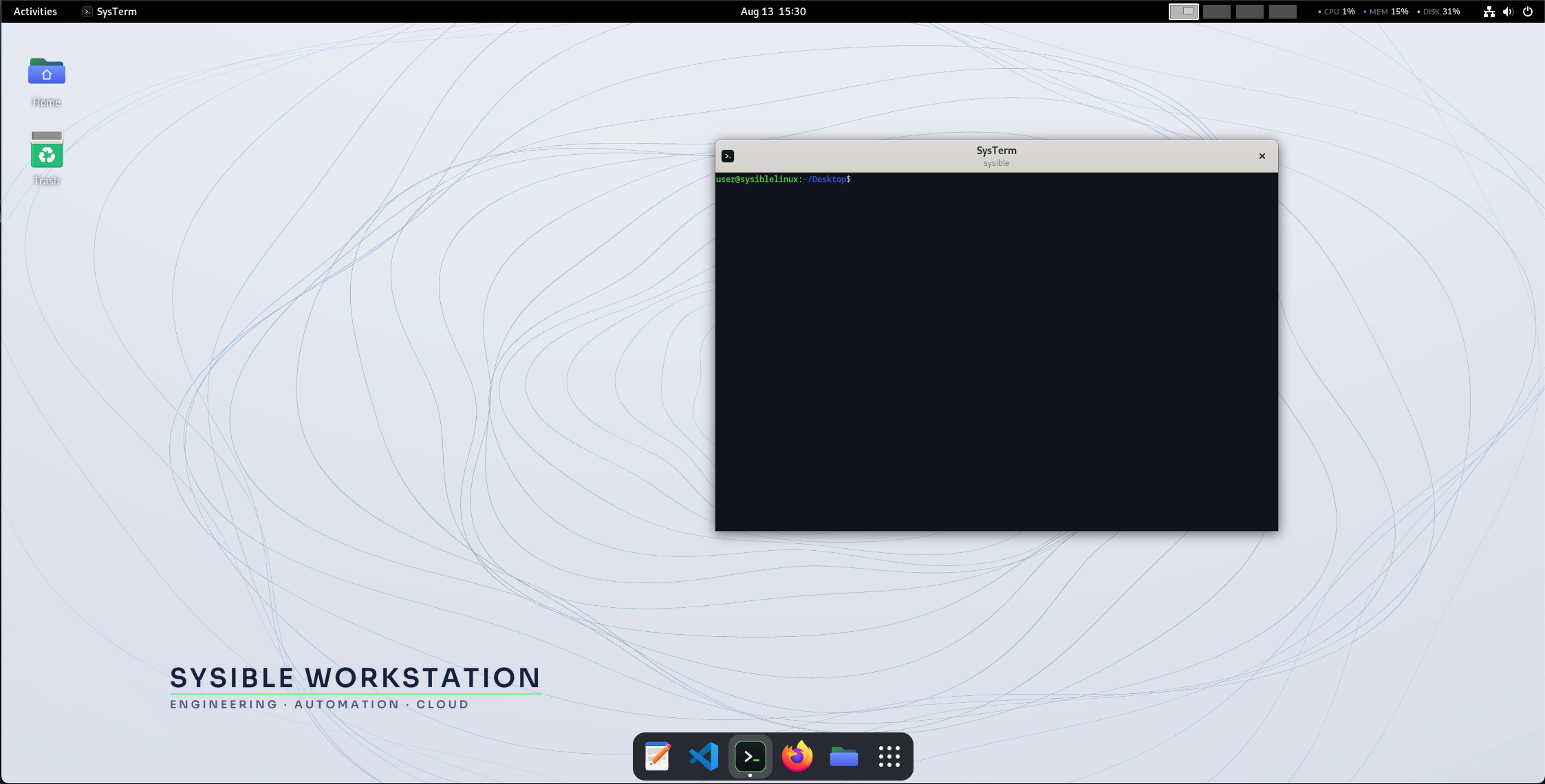The Sysible Workstation desktop in light mode with a SysTerm terminal window open and the dock at the bottom