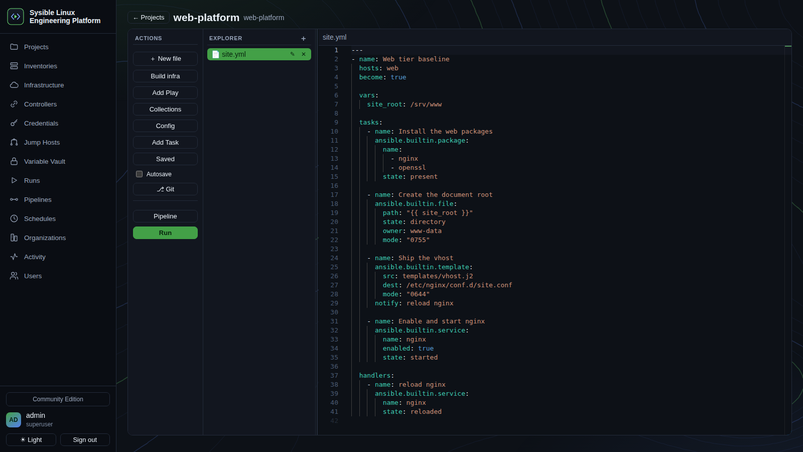 The SLEP console: an Ansible playbook open in the built-in editor, with the project file tree, the actions rail and a Run button
