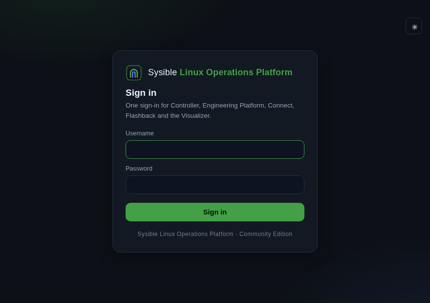 The Sysible Linux Operations Platform sign-in page: one sign-in for Controller, Engineering Platform, Connect, Flashback and the Visualizer
